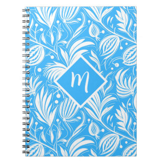 Tropisch Blauw Bloempatroon Diamant Monogram Notitieboek
