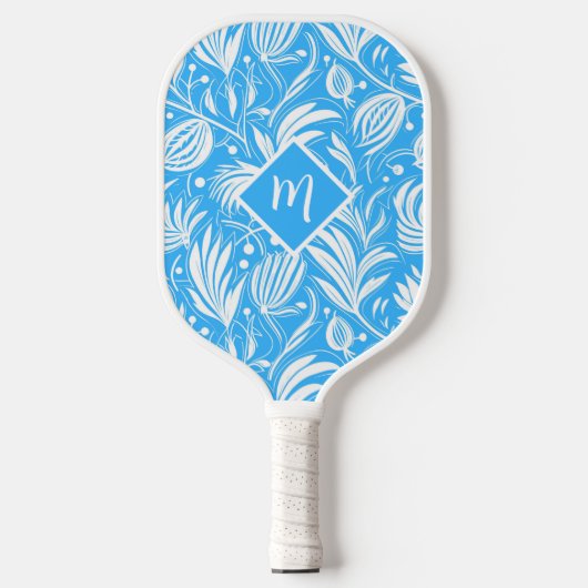 Tropisch Blauw Bloempatroon Diamant Monogram Pickleball Paddle (Voorkant)