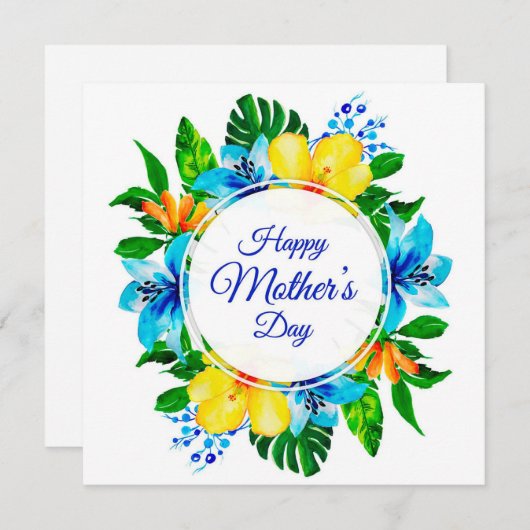 Tropisch Blauw en Geel Bloemen Gelukkige Moederdag Feestdagenkaart (Voorkant / Achterkant)