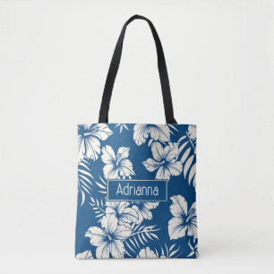 Tropisch Blauw en Witte Bloemen Draagtas