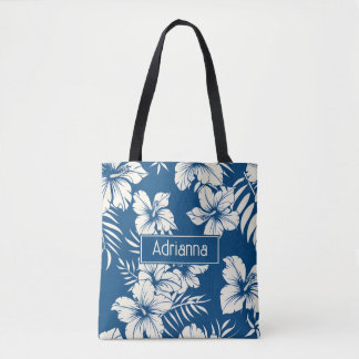 Tropisch Blauw en Witte Bloemen Draagtas