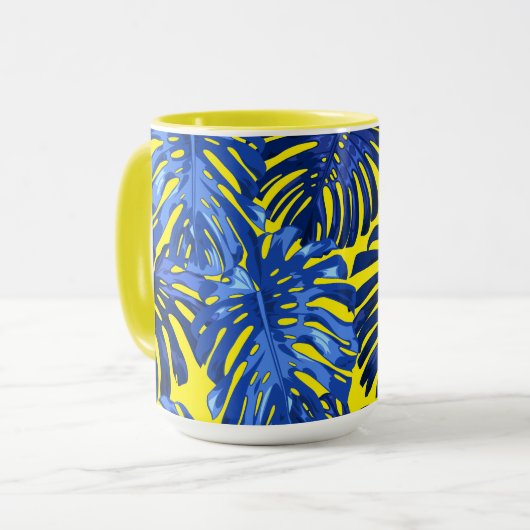 Tropisch blauw geel Oerwoud bladeren kleurrijk Mok (Voorkant links)