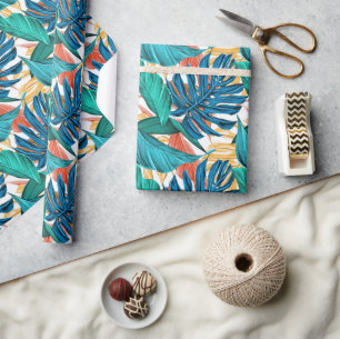Tropisch Blauw gele bladeren Cadeaupapier