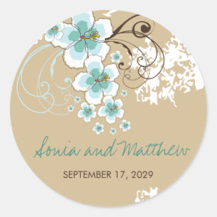 Tropisch blauw hibiscus Beach Wedding Favor Sticke Ronde Sticker