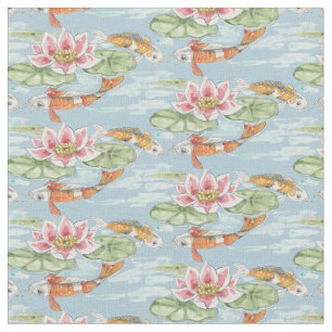 Tropisch blauw Koi & Lotus Fish Pond Waterverf Stof