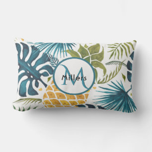 tropisch blauw monogram anananas buitenkussen