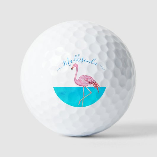 Tropisch Blauw Monogram Naam Zwart Roze Flamingo Golfballen (Voorkant)