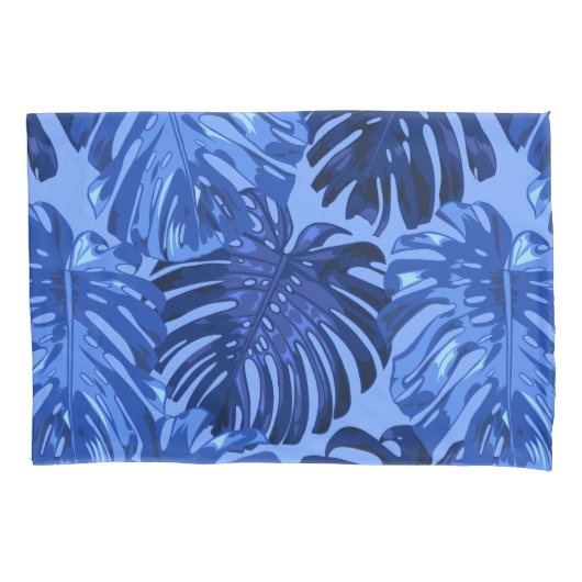 Tropisch Blauw Monstera Oerwoud Bladeren Patroon Kussensloop (Voorkant-Links)