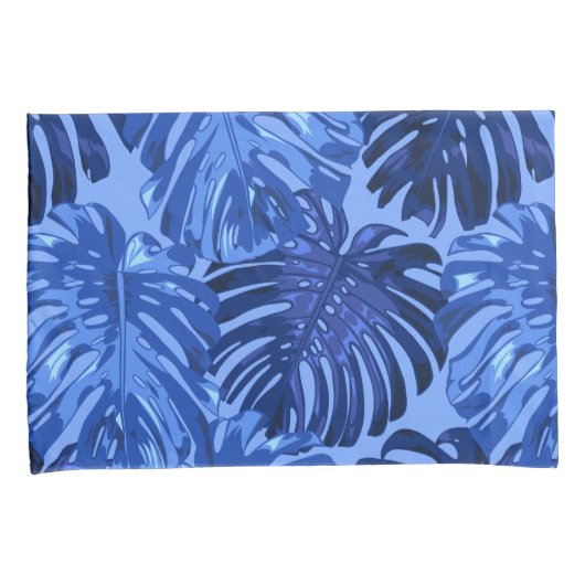 Tropisch Blauw Monstera Oerwoud Bladeren Patroon Kussensloop (Voorkant-Rechts)