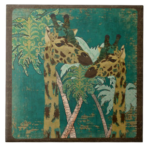 Tropisch blauw Paisley Giraffes Retro Tile Tegeltje