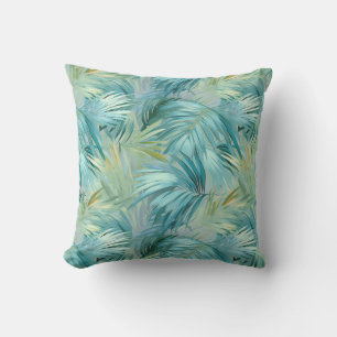 Tropisch Blauw Palmblad Waterverf Patroon Buitenkussen