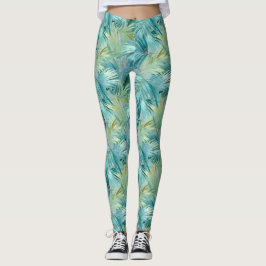 Tropisch Blauw Palmblad Waterverf Patroon Leggings