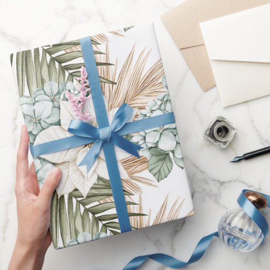 Tropisch Blauw Witte Bloemen Huwelijk Cadeaupapier (Geschenken)