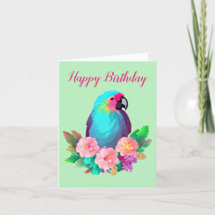 Tropisch blauwe papegaai met tropische bloemen feestdagen kaart