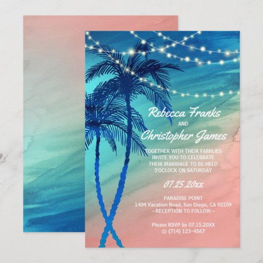 Tropisch Blauwgroen blauw en Peach Wedding Invitat Kaart (Voorkant / Achterkant)