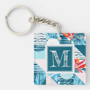 Tropisch Blauwgroen geometrisch Abstract patroon Sleutelhanger