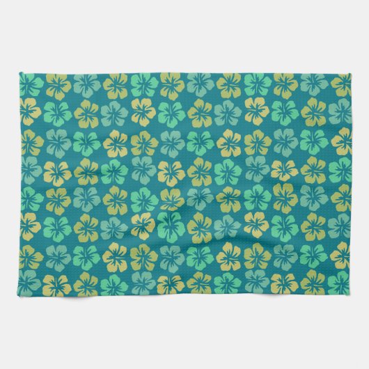 Tropisch Blauwgroen Hibiscus Flower Pattern Theedoek (Horizontaal)