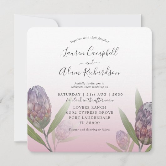 Tropisch bleekroze en Paarse bruiloft Kaart (Voorkant)