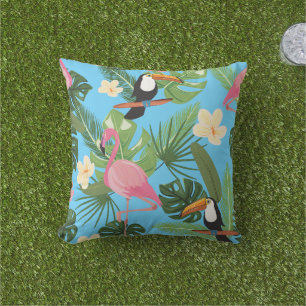 Tropisch bloemenblad Flamingo Toucan Blauw Zomer Buitenkussen