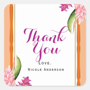 Tropisch bloemend koraal oranje & goud feest favor vierkante sticker
