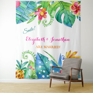 Tropisch Bloemendek Roze Turquoise Fotohokje Achte Wandkleed