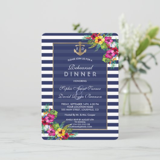 Tropisch bloemendiner voor de bruiloft in Navy str Kaart (Staand voorkant)