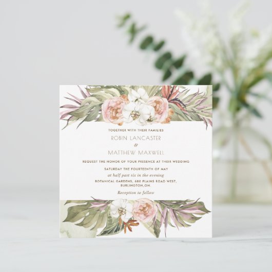 Tropisch bloemenpalmblad, groen vierkant in bruilo kaart (Staand voorkant)