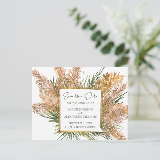 Tropisch bloemig Pampasgras Trouw Save the Date Aankondigingskaart (Staand voorkant)