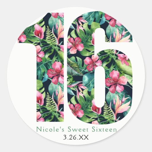 Tropisch bloemig Sweet 16 Hawaiian 16e verjaardag Ronde Sticker (Voorkant)