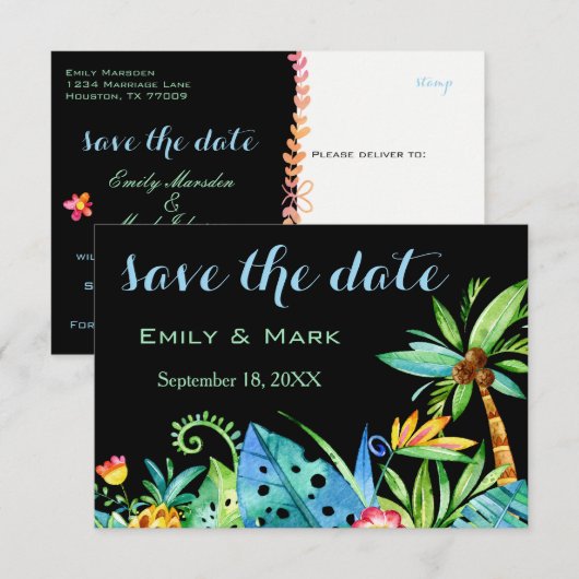 Tropisch Bloemig Zwart Bewaar de datum Kaart (Voorkant / Achterkant)