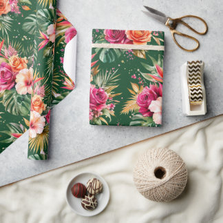 Tropisch Bloemmotief | Hibiscus & Groene Bladeren Cadeaupapier