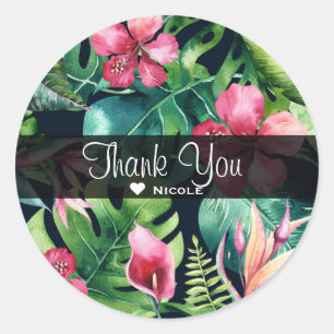Tropisch bloemmotief Hibiscus & palmbladeren Hawaï Ronde Sticker