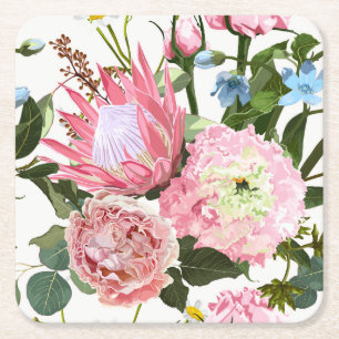 Tropisch bloemmotief met roze bloemen. vierkante kartonnen onderzetter