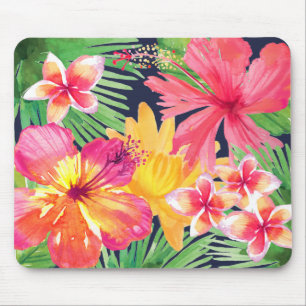 Tropisch bloemmotief Roze Hibiscus Plumeria Marine Muismat