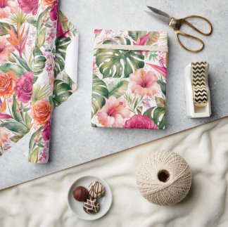 Tropisch Bloemrijk Kleurrijk | Hibiscus & Groene B Cadeaupapier