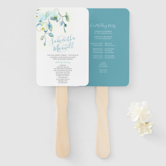 Tropisch Blue Floral Wedding Programme Fan Handwaaier (Voorkant en achterkant)