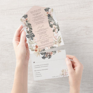 Tropisch Bohemen Floral Bleek Blush Weddenschap All In One Uitnodiging