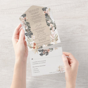 Tropisch Bohemen Floral Taupe Wedding All In One Uitnodiging
