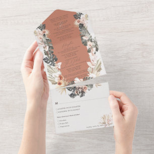 Tropisch Bohemen Floral Terracotta Wedding All In One Uitnodiging