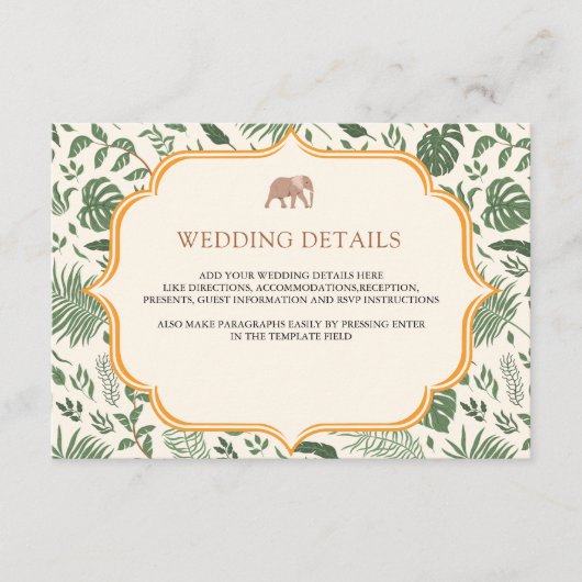 Tropisch Bos Olifant Indische bruiloft Details Informatiekaartje (Voorkant)