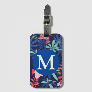 Tropisch botanisch donkerblauw monogram bagagelabel