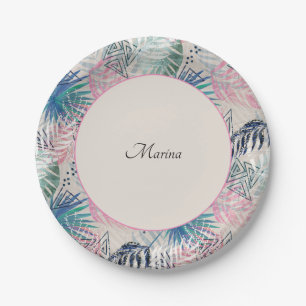 Tropisch, botanisch, palmbladeren, bloemig, grijs, papieren bordje