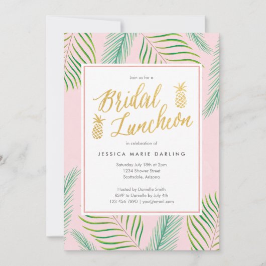 Tropisch Bridal Luncheon Uitnodiging in roze en go (Voorkant)