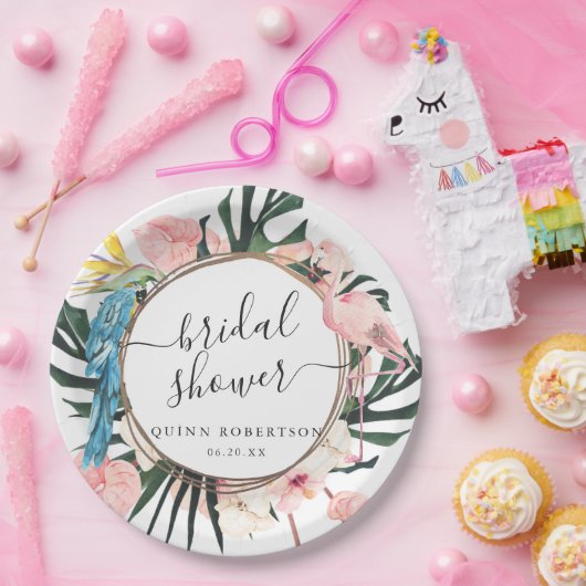Tropisch Chic Flamingo Bloemige Bruidsfeest Papieren Bordje (Feest)