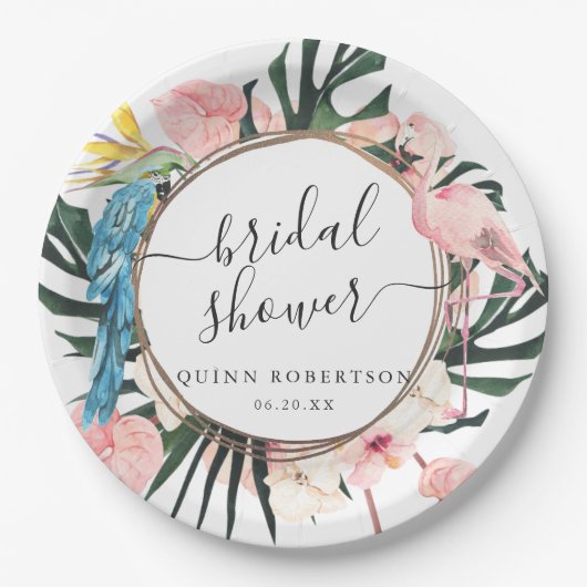 Tropisch Chic Flamingo Bloemige Bruidsfeest Papieren Bordje (Voorkant)