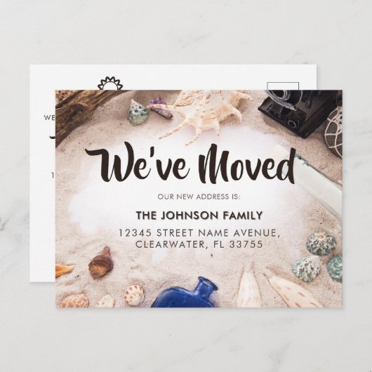 Tropisch Chic We hebben Beach Shell verplaatst Nie Aankondigingskaart (Voorkant / Achterkant)
