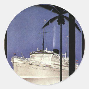 Tropisch cruiseschip met Vintage-reisroute en palm Ronde Sticker