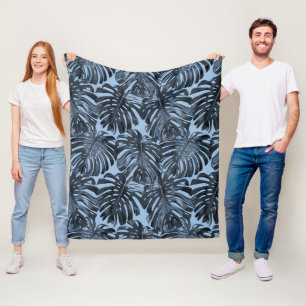 Tropisch donkerblauw zwart jungleblad fleece deken
