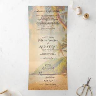 Tropisch drieledig Beach Palm Trees Wedding Tri-vo Drieluik Uitnodiging