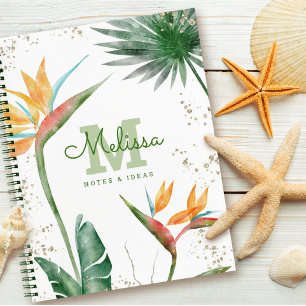 Tropisch Eiland Bloemenkrans Lettertype Goud Wit Notitieboek